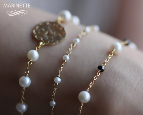 Pearl bracelet with personalized monogram - freshwater pearls - 18K plated sterling silver - bridesmaids bridal - Expedited shipping