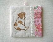 PATCHWORK WALL HANGING - hand lino printed Jack Russell Terrier, shade of pink