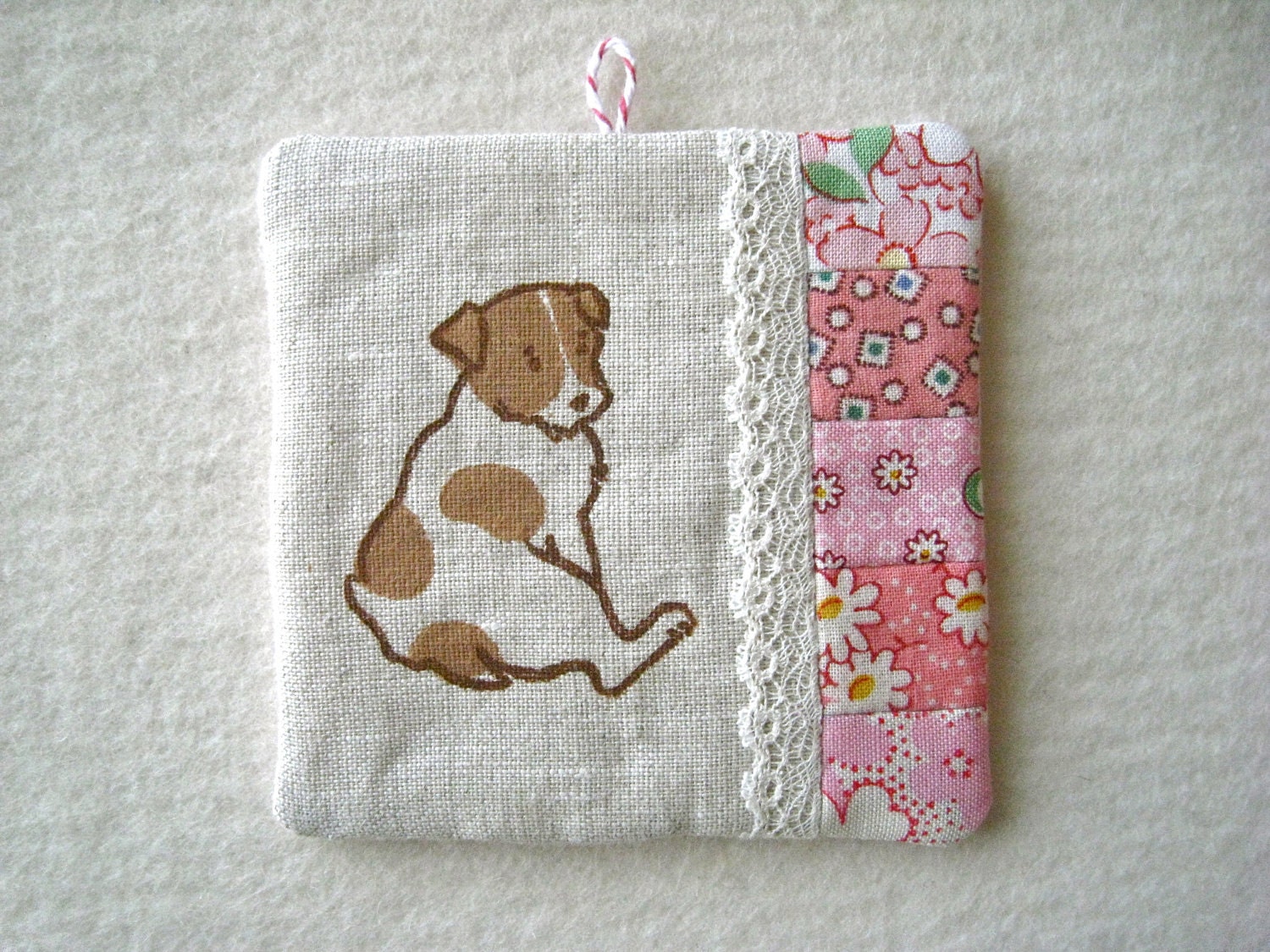 PATCHWORK WALL HANGING - hand lino printed Jack Russell Terrier, shade of pink