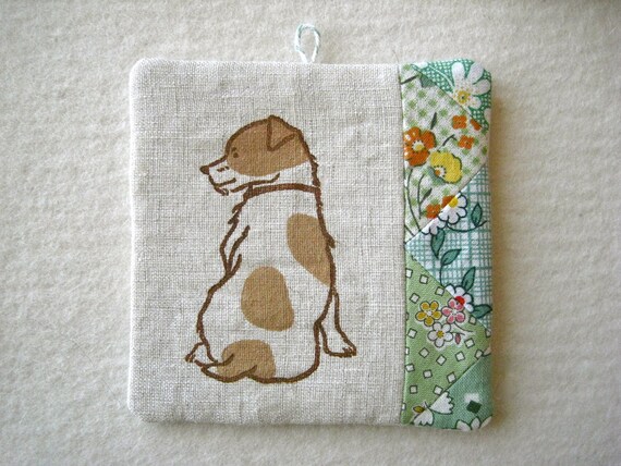 PATCHWORK WALL HANGING - hand lino printed Jack Russell Terrier, shade of green