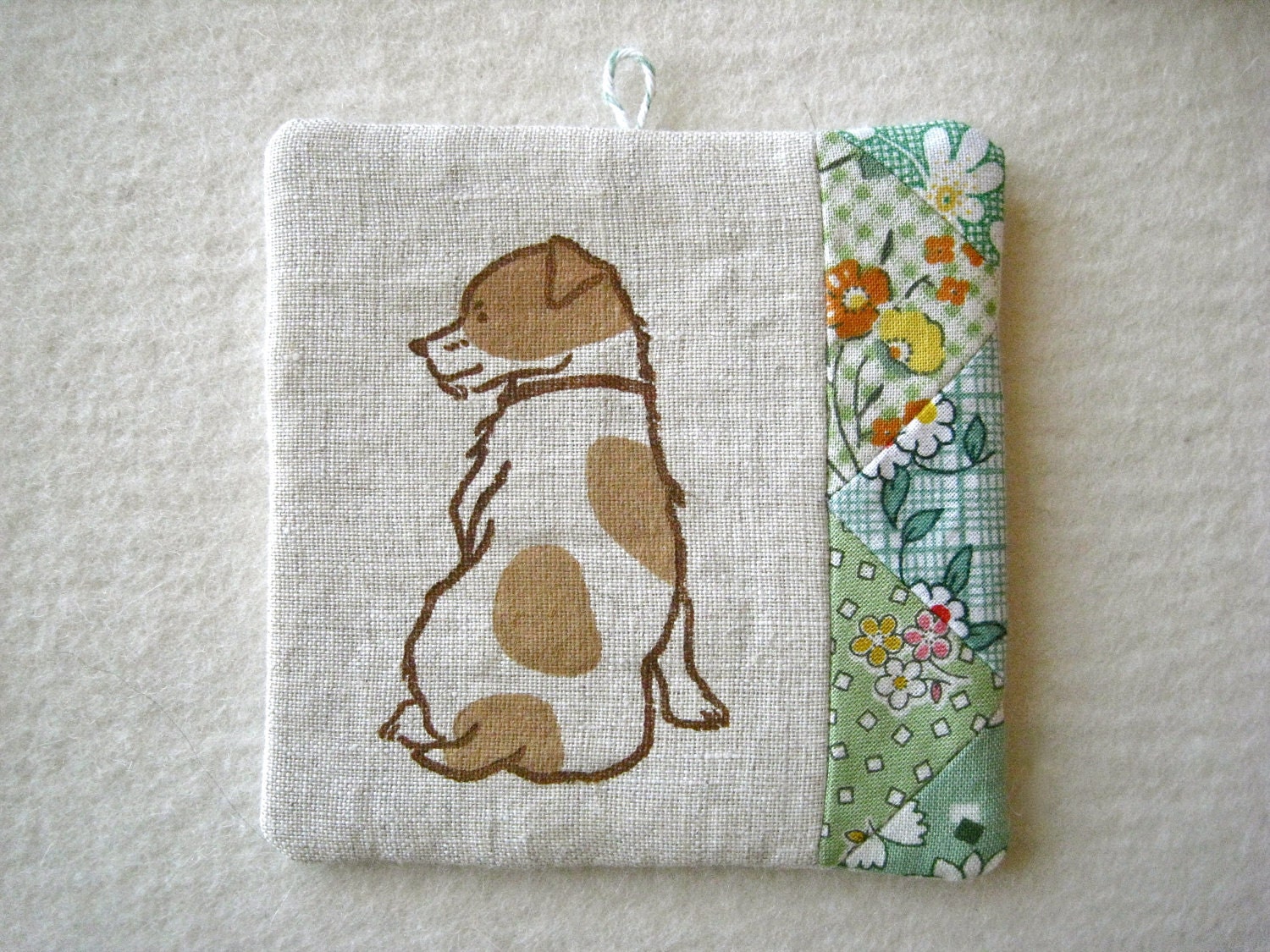 PATCHWORK WALL HANGING - hand lino printed Jack Russell Terrier, shade of green