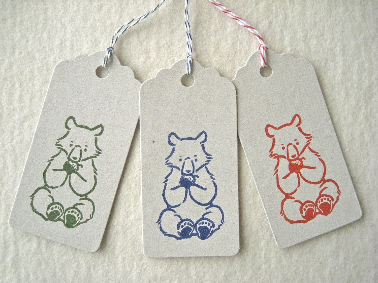 Set of 3 Hand Lino Printed Gift Tags - bear cub eating an apple