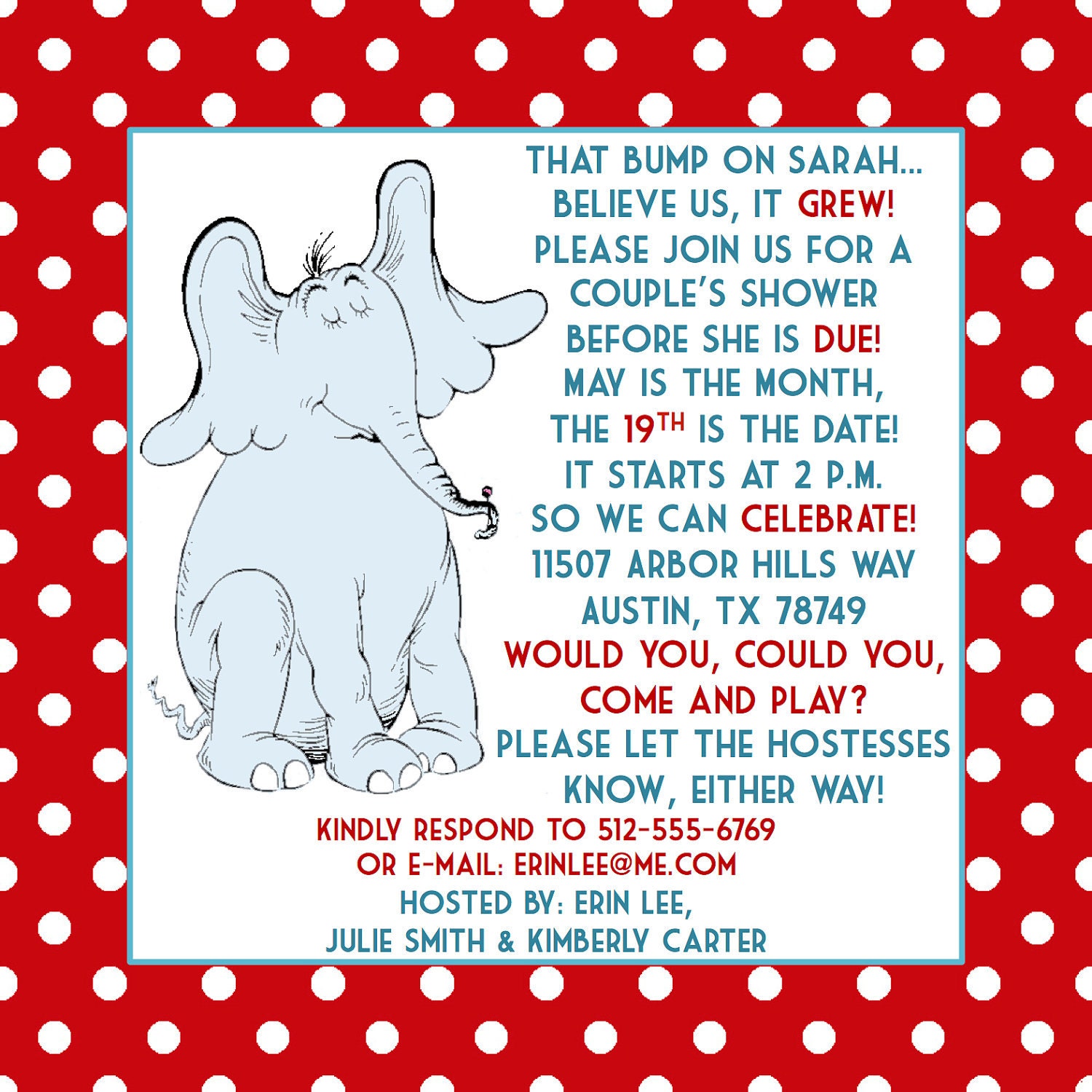 Horton Hears a Who, Dr. Seuss Baby Shower Invitation & Insert--Digital Printable File