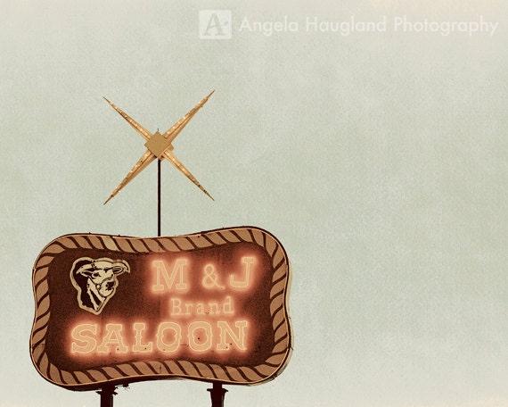 Retro Saloon Sign - Fine Art Photography - 5 x 7 print - Rusty Red Orange Neon Road Sign - Atomic Longhorn - "Retro Saloon Sign"
