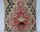 HANDWOVEN Traditional Turkish Kilim Pillow Cover  16" X 16",Tribal Pillow,Vintage Kilim Pillow