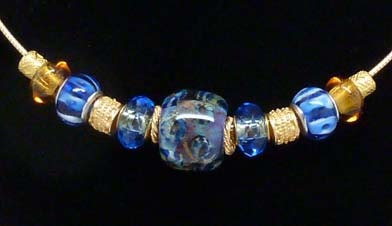 BLUE SKIES AHEAD:  European Style Large Hole Lampwork Bead Blue Gold Necklace