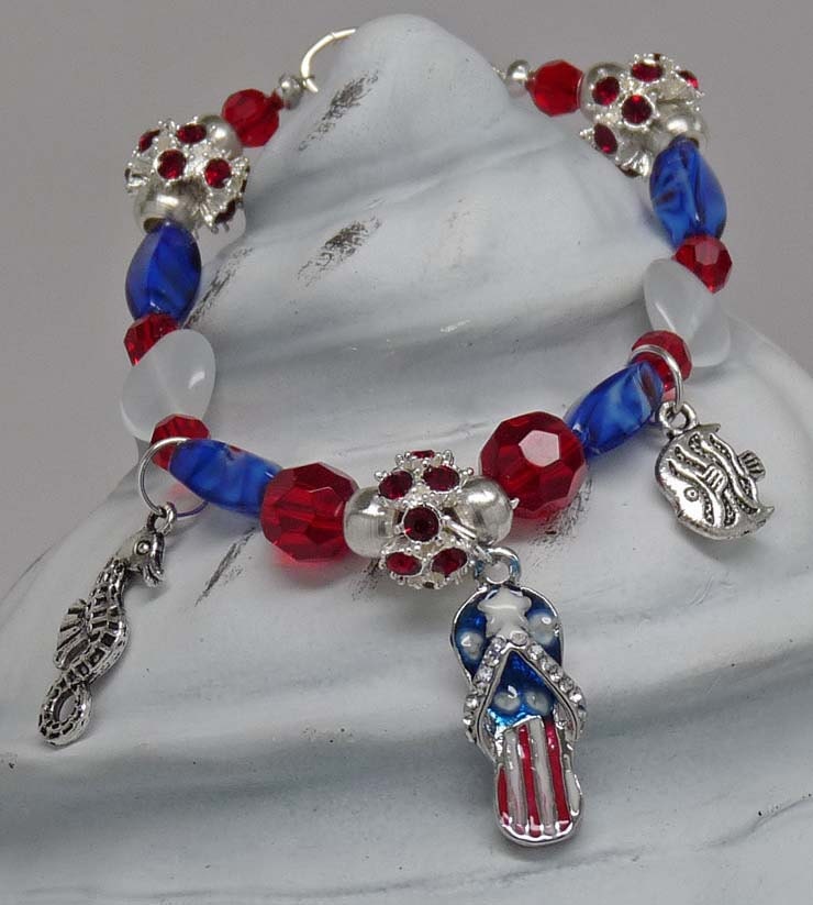PATRIOTIC BEACHGIRL 2:  7.5" Hand Beaded Red White Blue July 4th USA Bracelet Accessory Gift