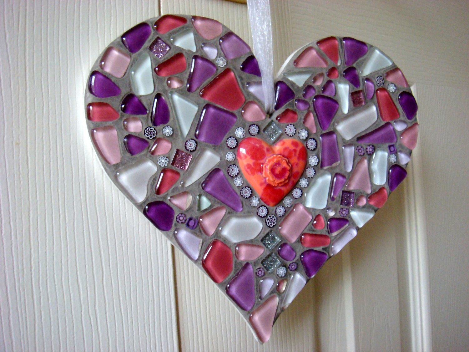 Pinks and Purples Glass Mosaic Hanging Heart Ornament Large - FunkyMosaicsUK