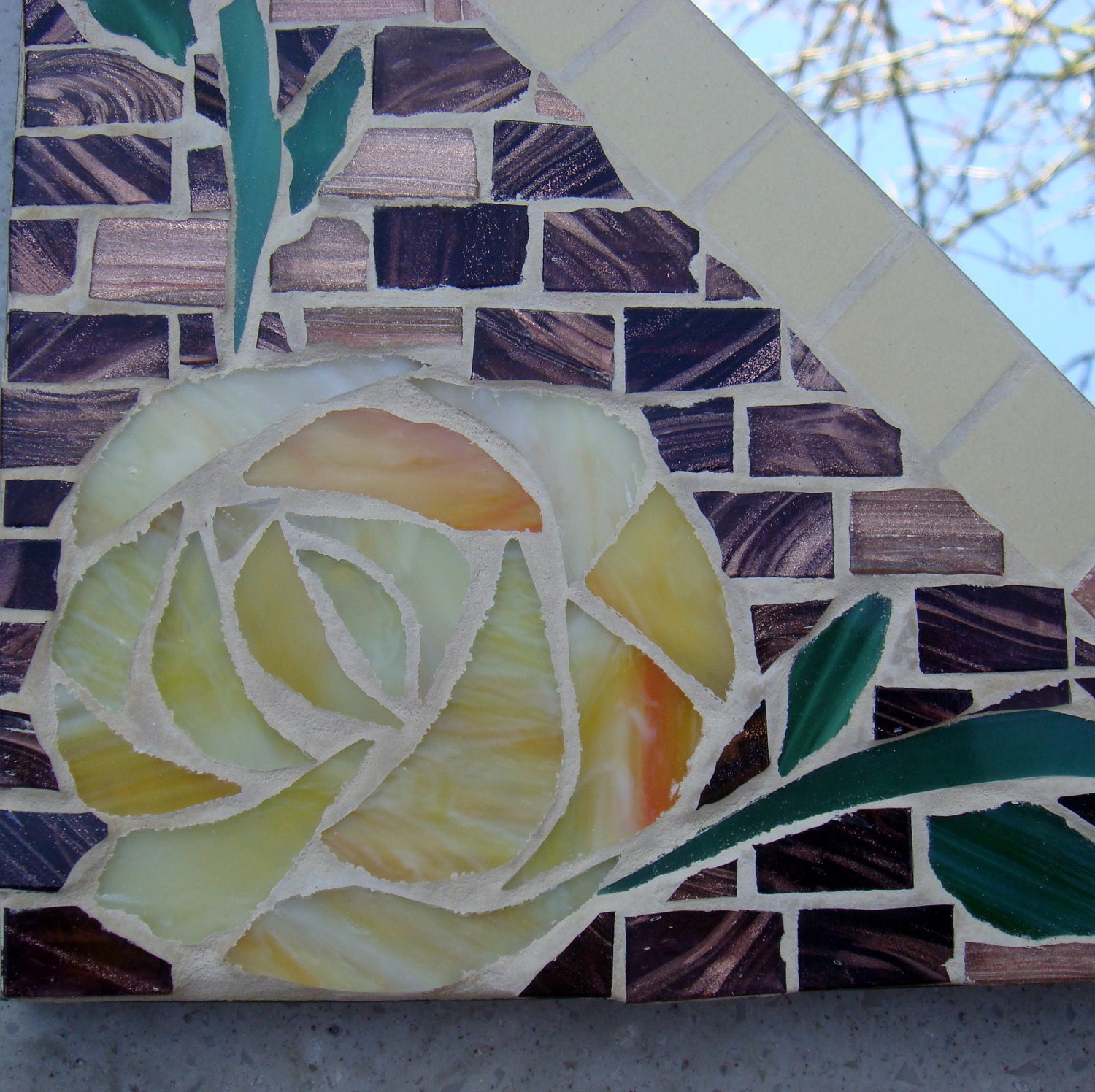 Square Mosaic Mirror Yellow Roses Brown/Gold/Bronze