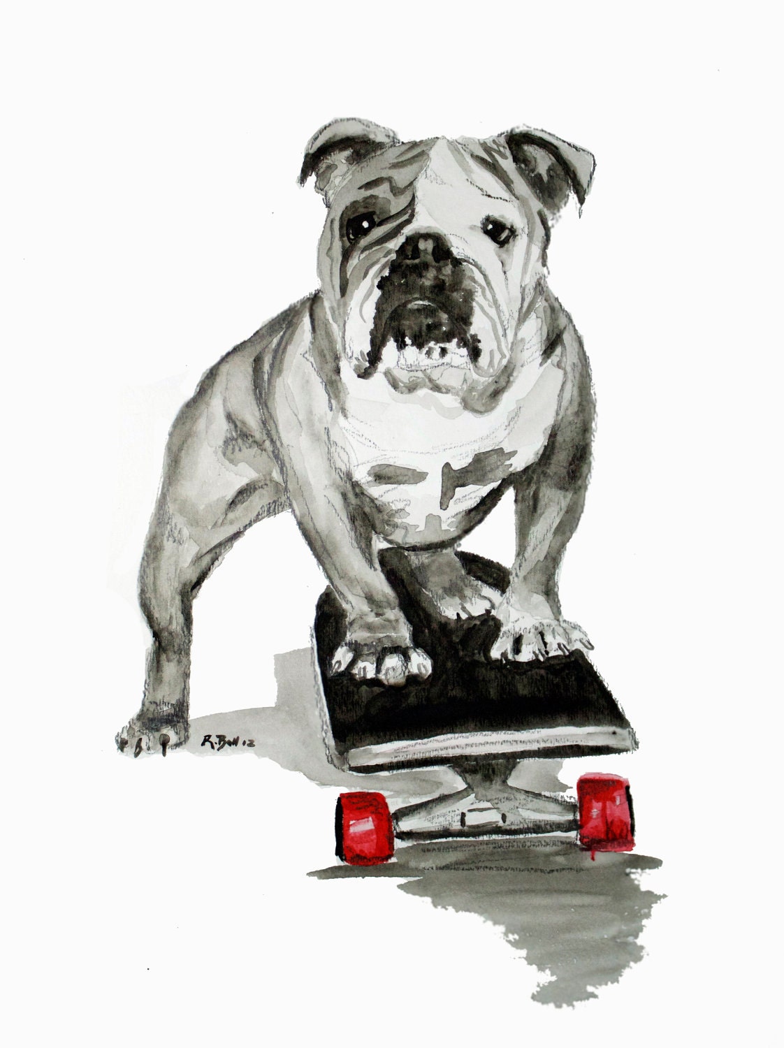 Watercolor Painting - Skateboarding Bulldog Illustration