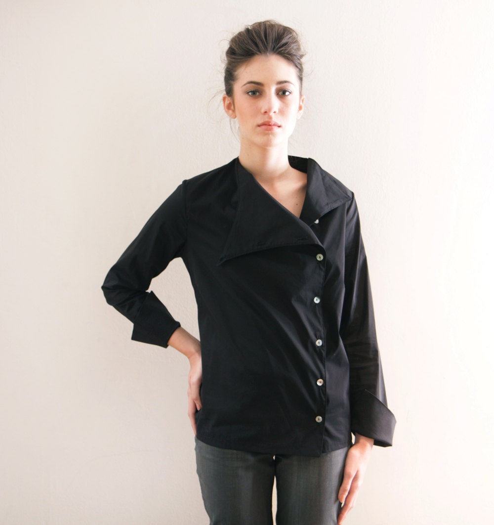 Button Shirt, Black Women Blouse, Long Sleeve Top.