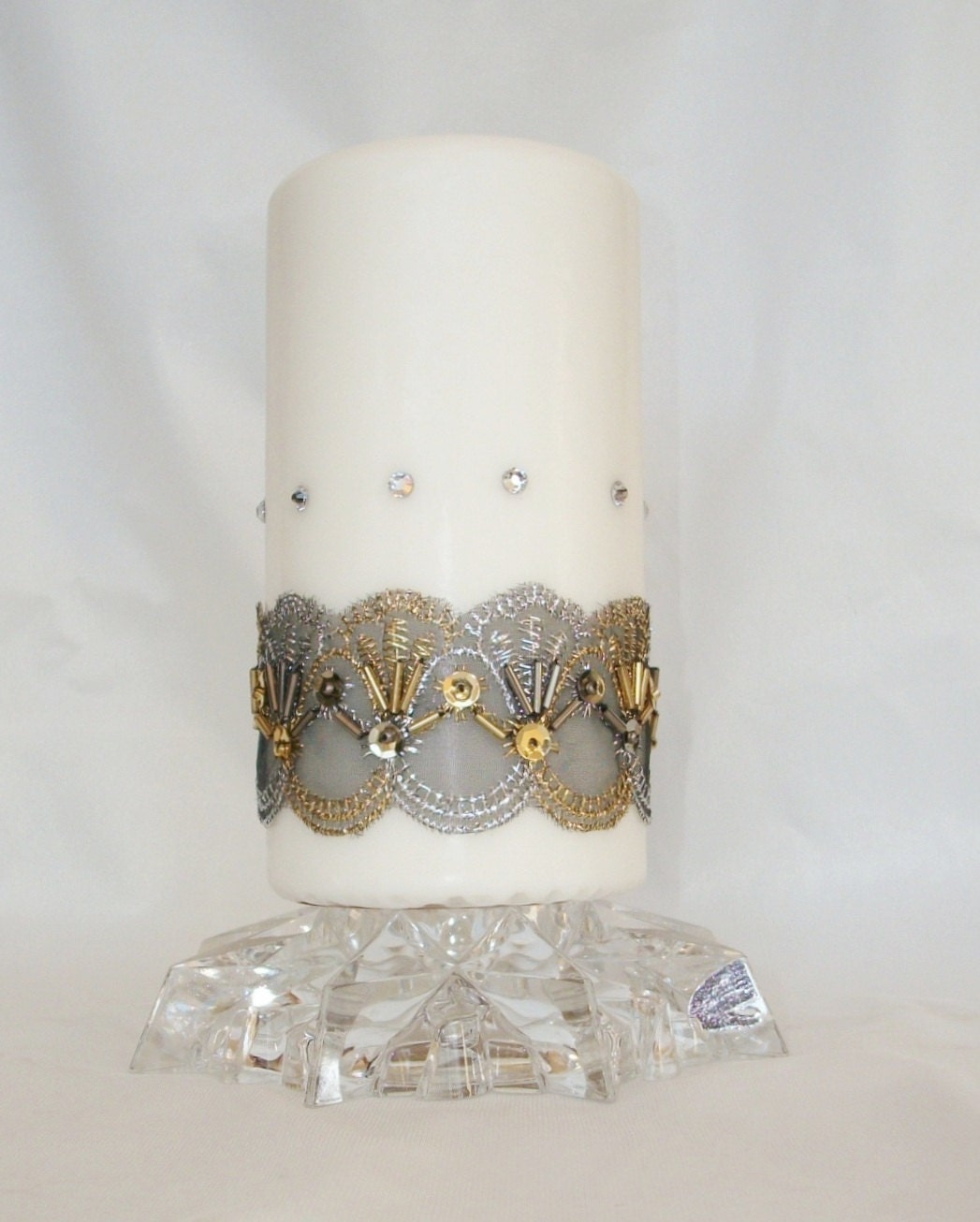 White Pillar Candle, Swarovski Crystals, Silver & Gold Metallic Lace, Silver, Gold Sequins