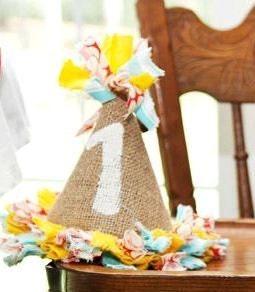 HAPPY BIRTHDAY Party Hat made of burlap and fabric.