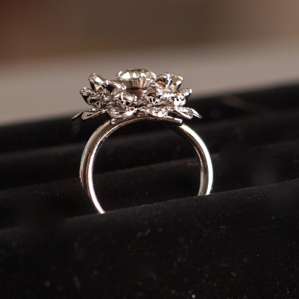 Vintage Rhinestone Ring by Sarah Coventry Adjustable in Silver Tone