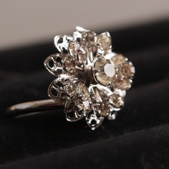 Vintage Rhinestone Ring by Sarah Coventry Adjustable in Silver Tone