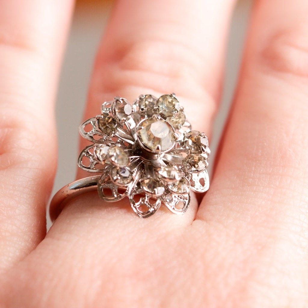 Vintage Rhinestone Ring by Sarah Coventry Adjustable in Silver Tone
