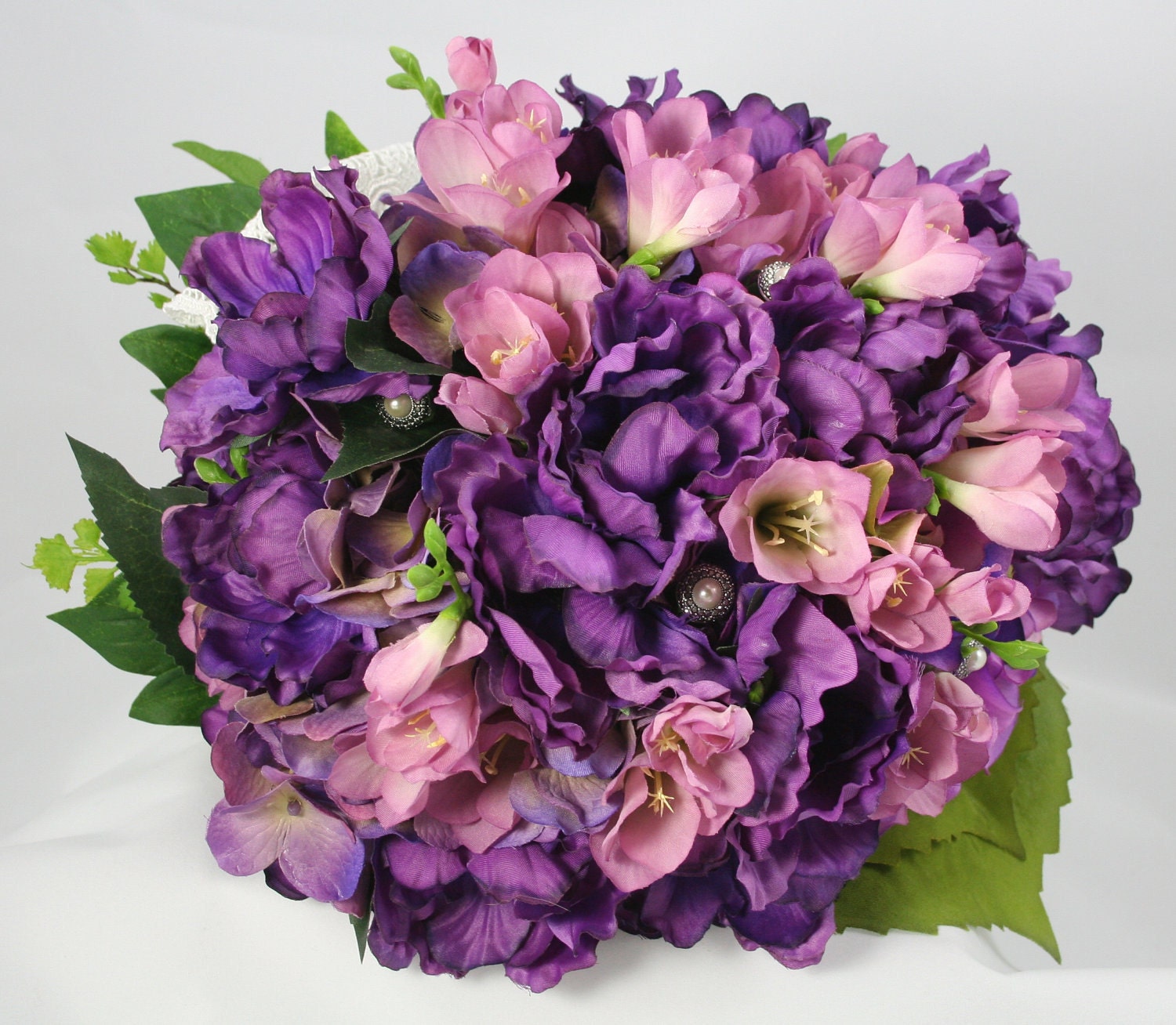 Purple Wedding Bouquet - Marcasite Gems, Simulated Pearls, Freesia, Anemones, Hydrangea - Boutonniere - Wedding Brooch Bouquet