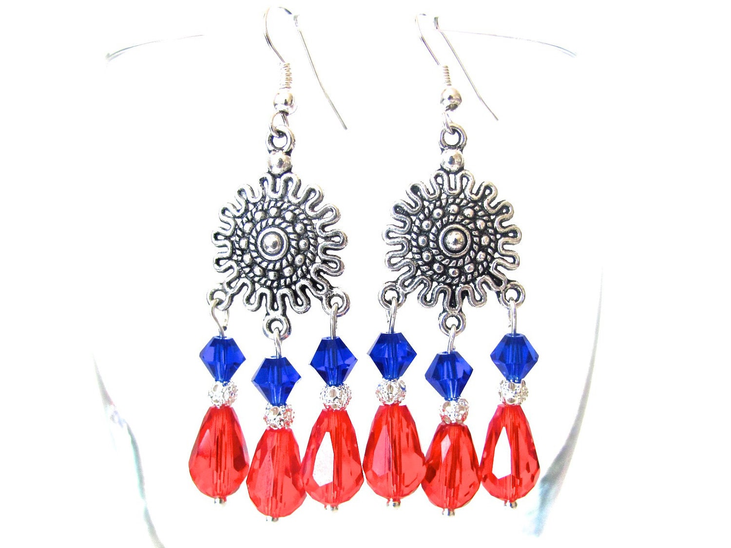 Red and Blue Earrings, Chandelier Earrings, Swarovski Earrings, Crystal Earrings, Red Blue White, 4th of July, Independence Day