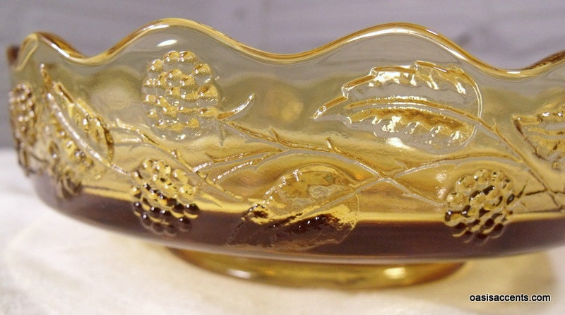 Amber Glass Footed Bowl - Raspberries and Leaves