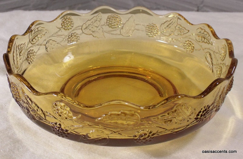 Amber Glass Footed Bowl - Raspberries and Leaves