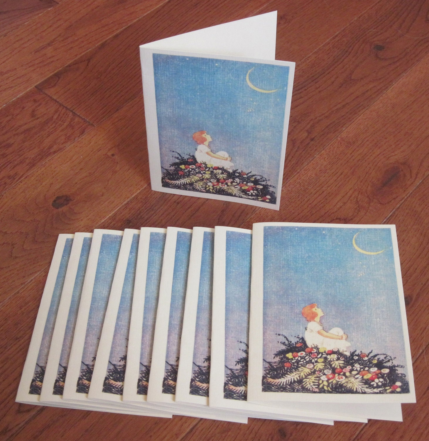SALE: Dreaming girl, wishing on a star - notecards set of 10 - moon flowers