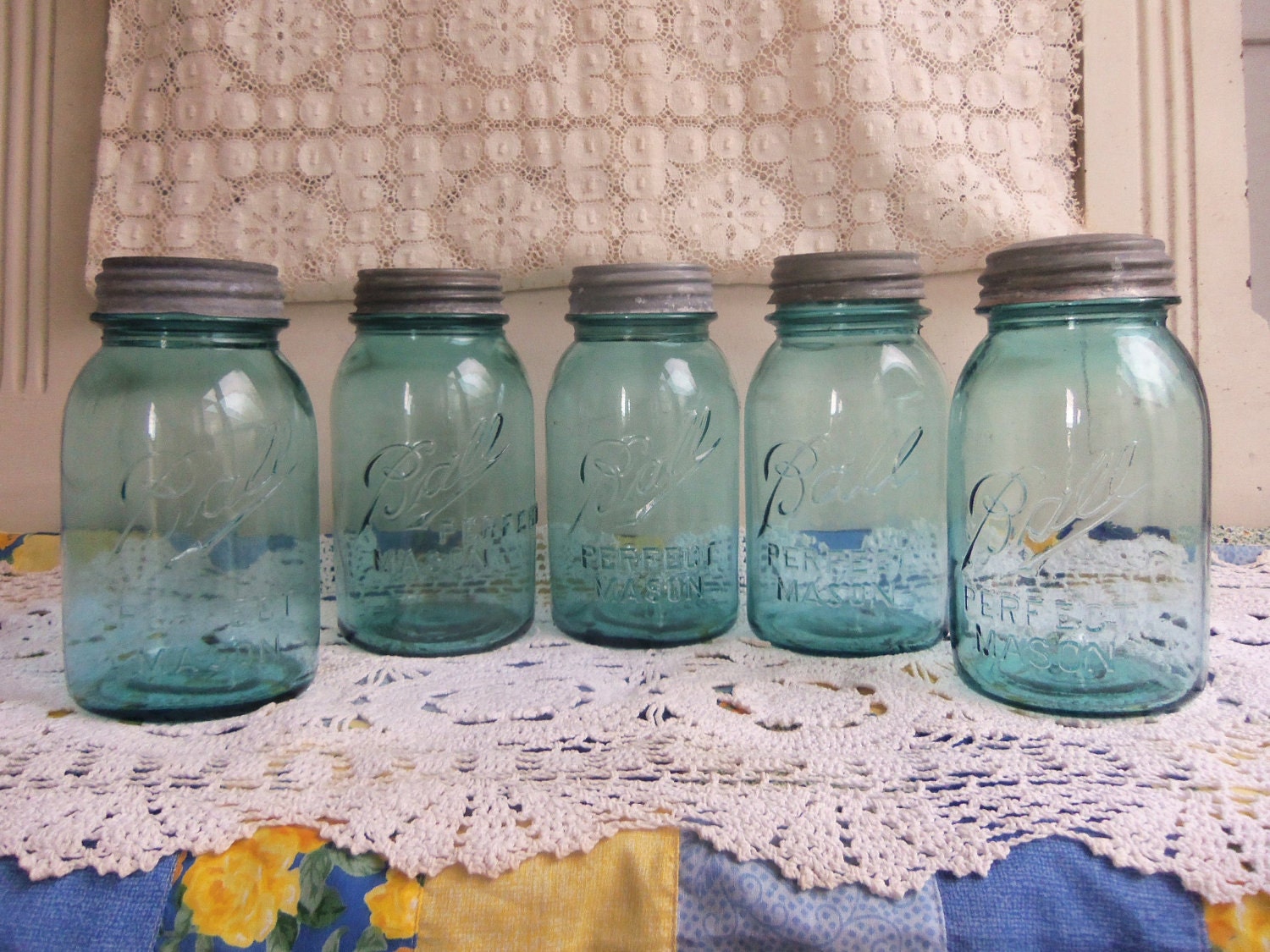 5 Vintage Aqua Blue Quart Sized Ball Perfect Mason Jars with Zinc Lids