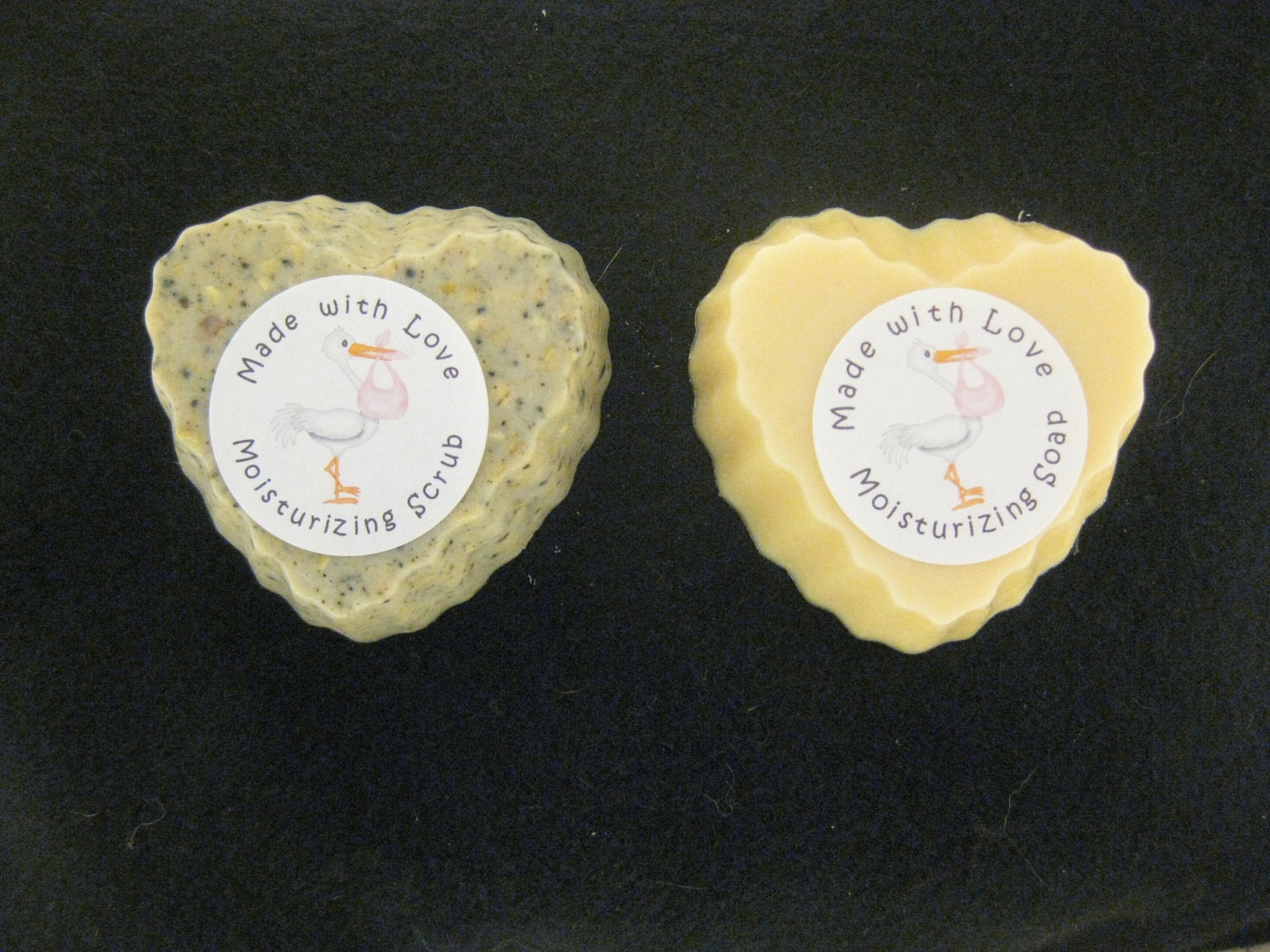 Handmade heart shaped scented moisturizing soap and oatmeal scrub by Made with Love Designs
