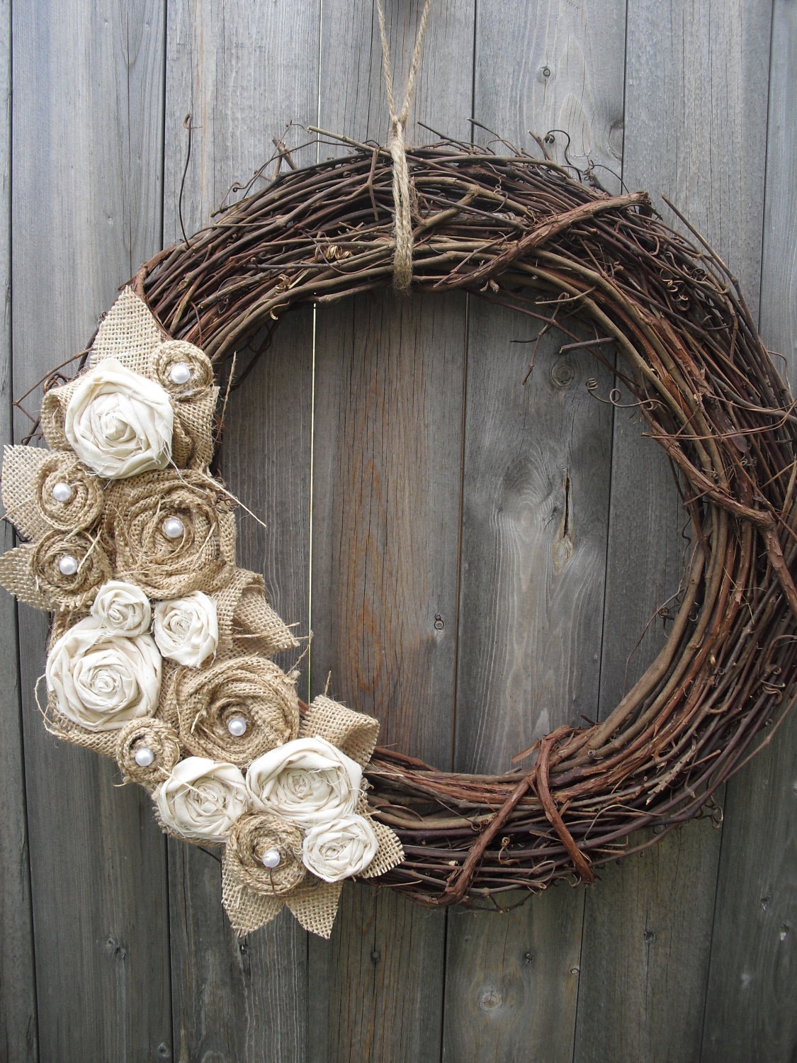 Burlap Wreath with Muslin & Pearls