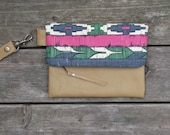 leather fold-over clutch, wristlet, detachable strap, printed cotton, tan leather
