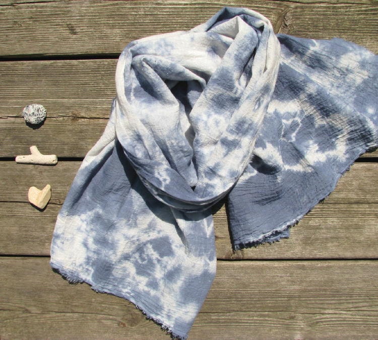 hand-dyed blue and white scarf, lightweight cotton