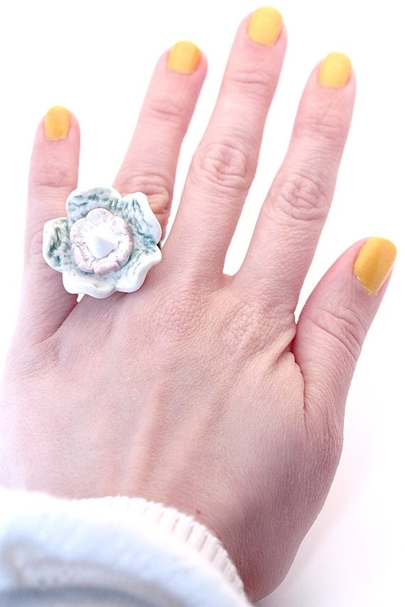 Porcelain Statement Ring Spiky Bloom Flower in White Pink and Green Adjustable Band Spring summer fashion READY TO SHIP