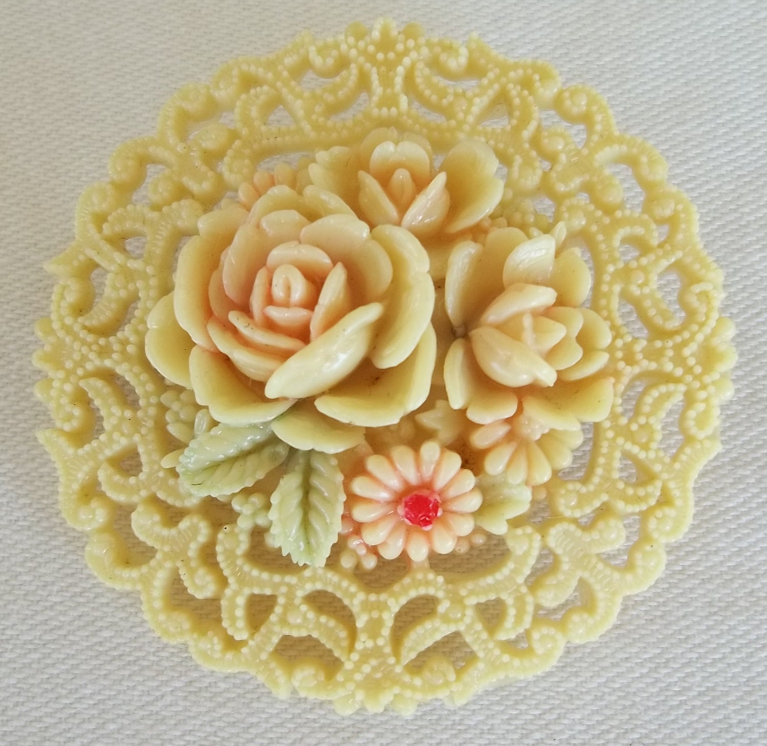 Vintage 1940's Carved Celluloid Pin Brooch Occupied Japan Roses Daisy Flowers - FarisMandyEtsy