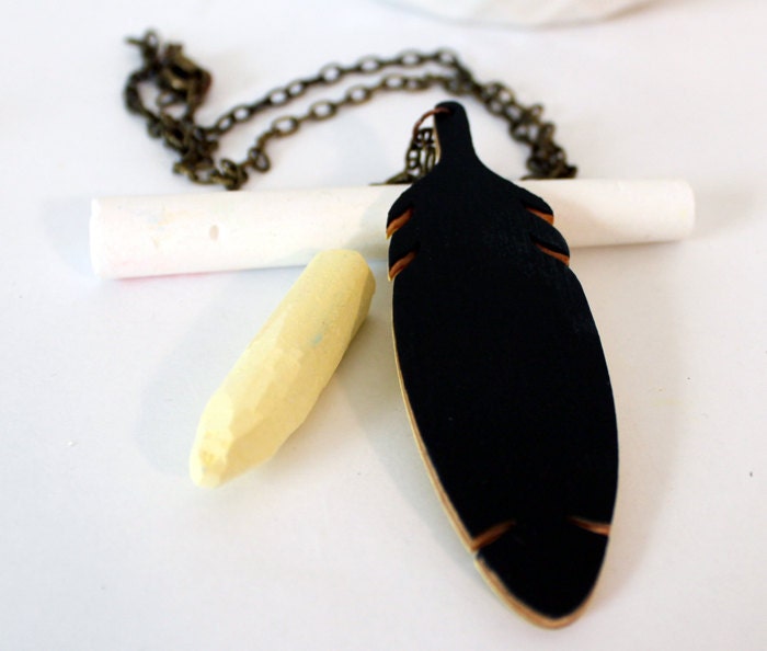 Feather Necklace Chalkboard Neon Yellow Reversible Boho Fashion Necklace
