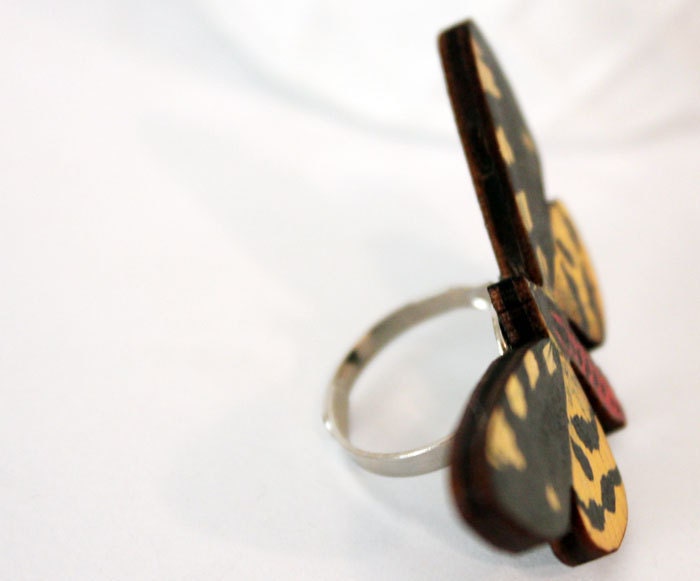 Fashion Butterfly Ring, Spring Trends, Yellow and Black, Garden Woodland Insect Adjustable Ring