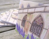 Church stained glass window and lilacs watercolor reprint note card set