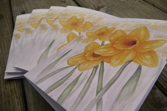 Watercolor notecard set golden yellow daffodil field art reprint personal stationery inspired by nature