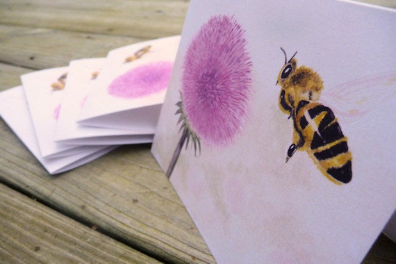 Watercolor honey bee on aster notecards, set of 5, eco-friendly