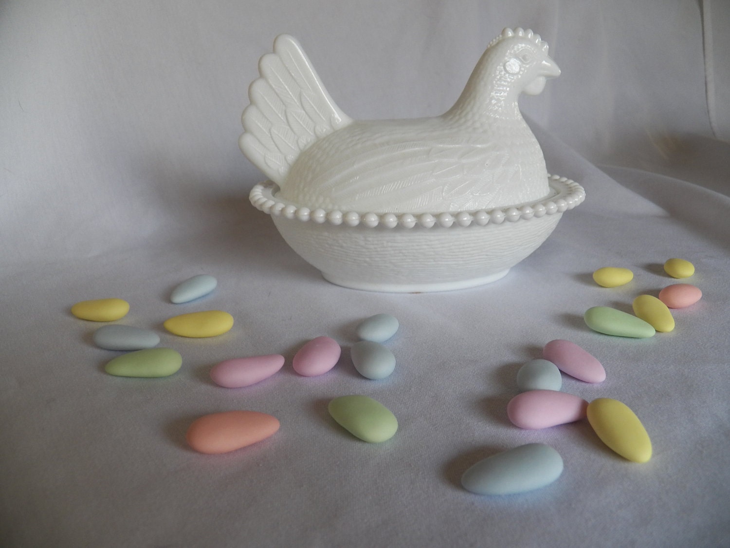 Vintage Hen on Nest White Milk Glass Beaded Covered Candy Dish Indian Glass - farmhouse Decor- Cottage- Country Decor- Farm Decor