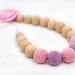 Certified Organic Teething Necklace in pastel baby pink, lavender and crochet flower. Breastfeeding/Nursing mom accessory