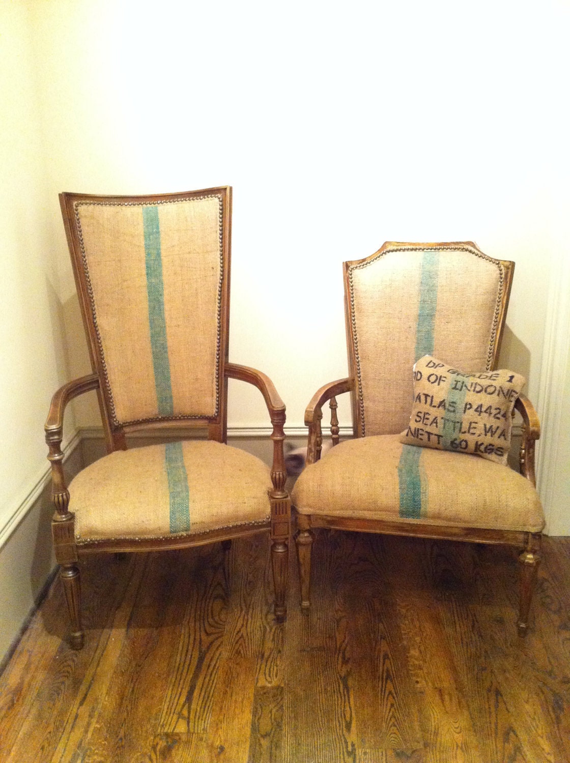 Pair of Vintage Burlap Coffee Sack Dining Chairs Upholstered Italian Armchairs