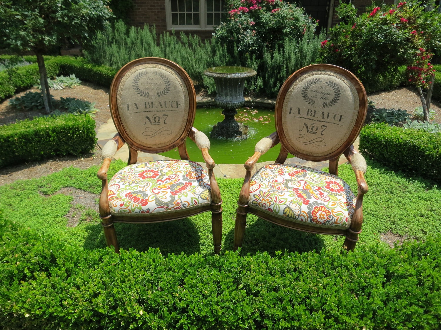 Pair of French Burlap Accent Chairs: Lori and Jean