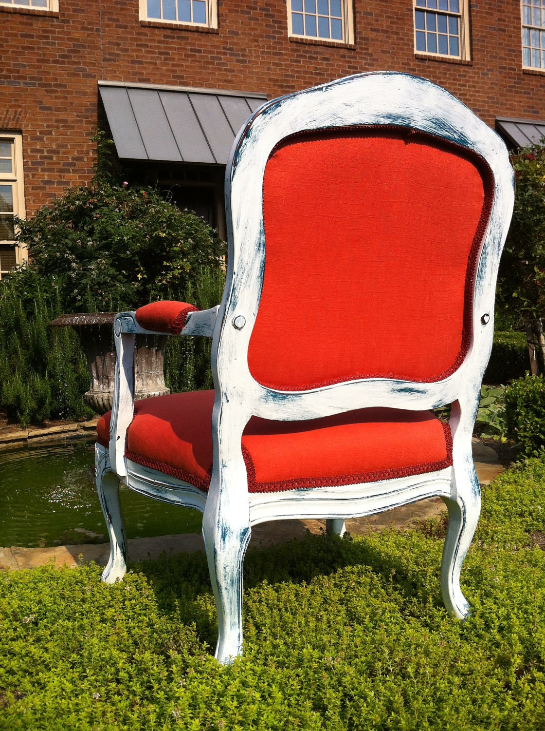 Bohemian Accent Chair Upholstered in French Coral Linen and Art Panel Portraying a Lady in Scarlet Dress by Heather Throne Upholstery