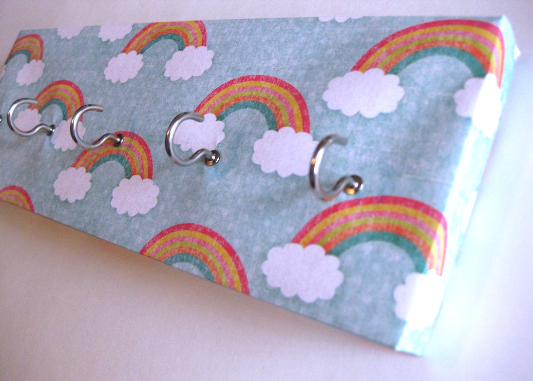 Jewelry Holder and Key Rack - "Rainbow" Clouds and Rainbows, Red, Orange, Yellow, Green, Blue, White Polka Dots (5 nickel hooks)