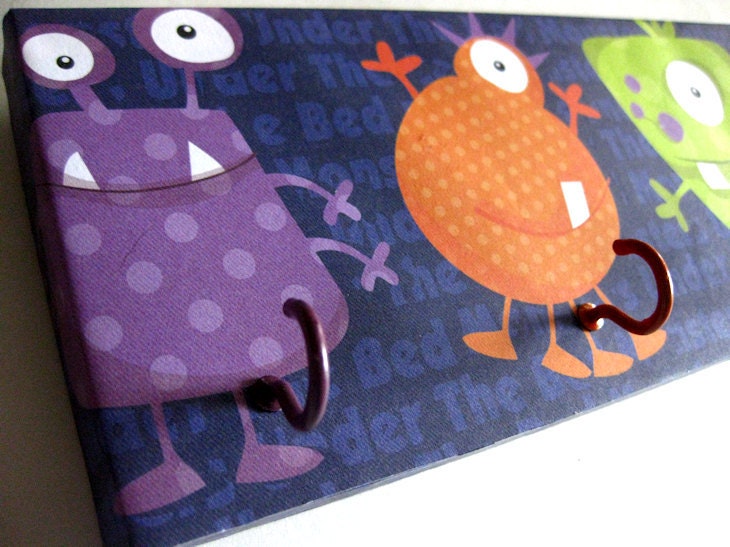 Jewelry Holder and Key Rack - "Monsters" Creatures Halloween Purple, Orange, Green, Yellow Silly Monsters Polka Dots, Stripes, Bed Monsters