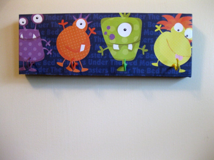 Jewelry Holder and Key Rack - "Monsters" Creatures Halloween Purple, Orange, Green, Yellow Silly Monsters Polka Dots, Stripes, Bed Monsters