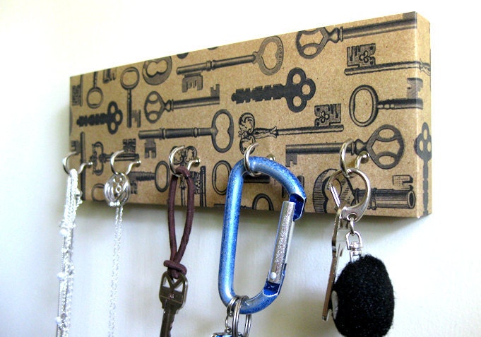 Key Rack and Jewelry Holder - "Vintage Keys" - Antique Brown, Tan, Beige, Vintage Rustic Keys, Old Keys, Black and Brown