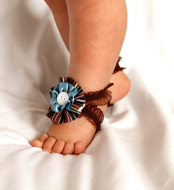 Barefoot Baby Sandals- Blue ruffles with stripes ribbon and lace baby ...
