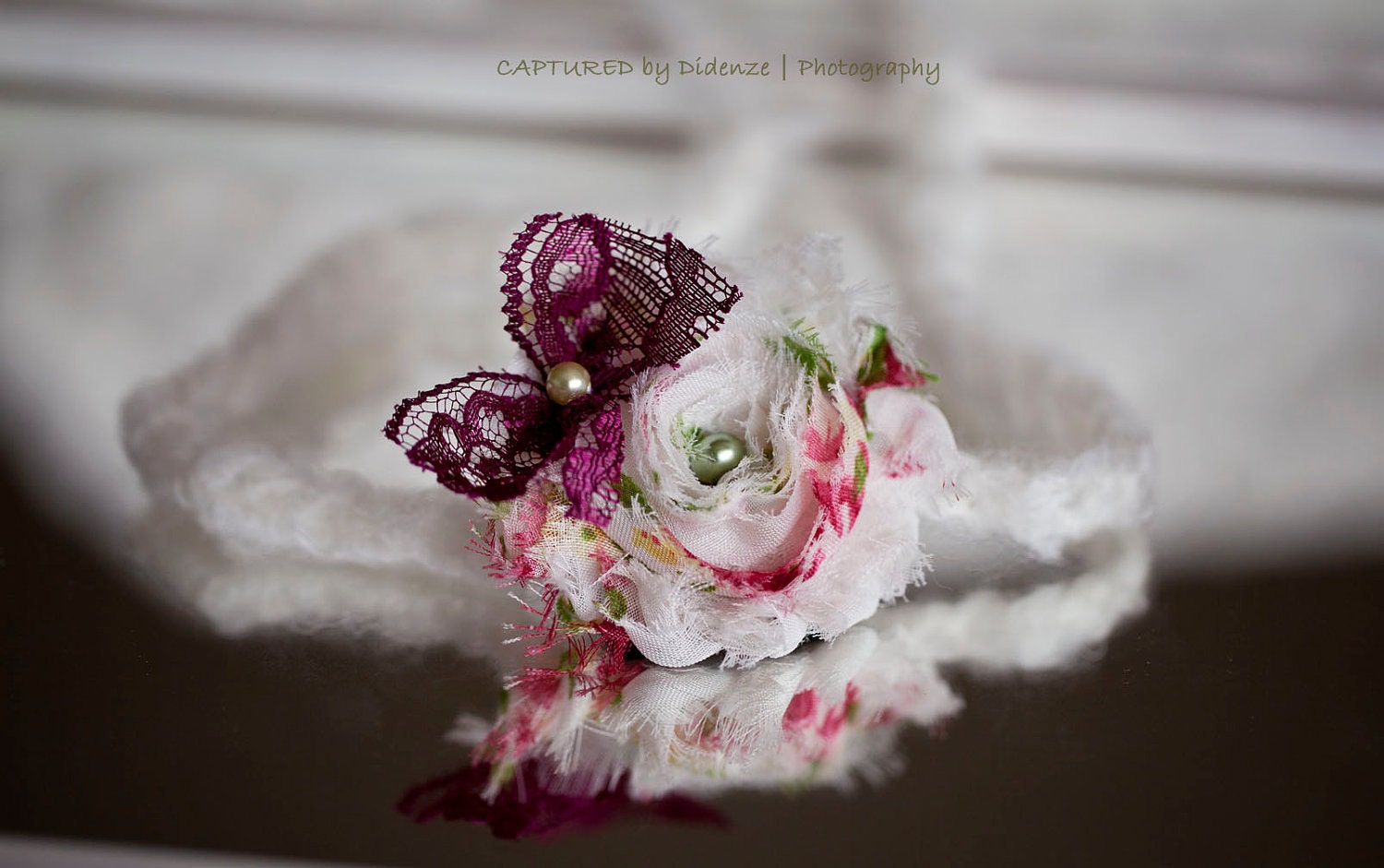 Vintage Rose Headband, Newborn Photo Prop, Baby Girl Shabby Chic Headband, Baby Halo on Crochet Band, Infant Halo, Newborn to Toddler Size,