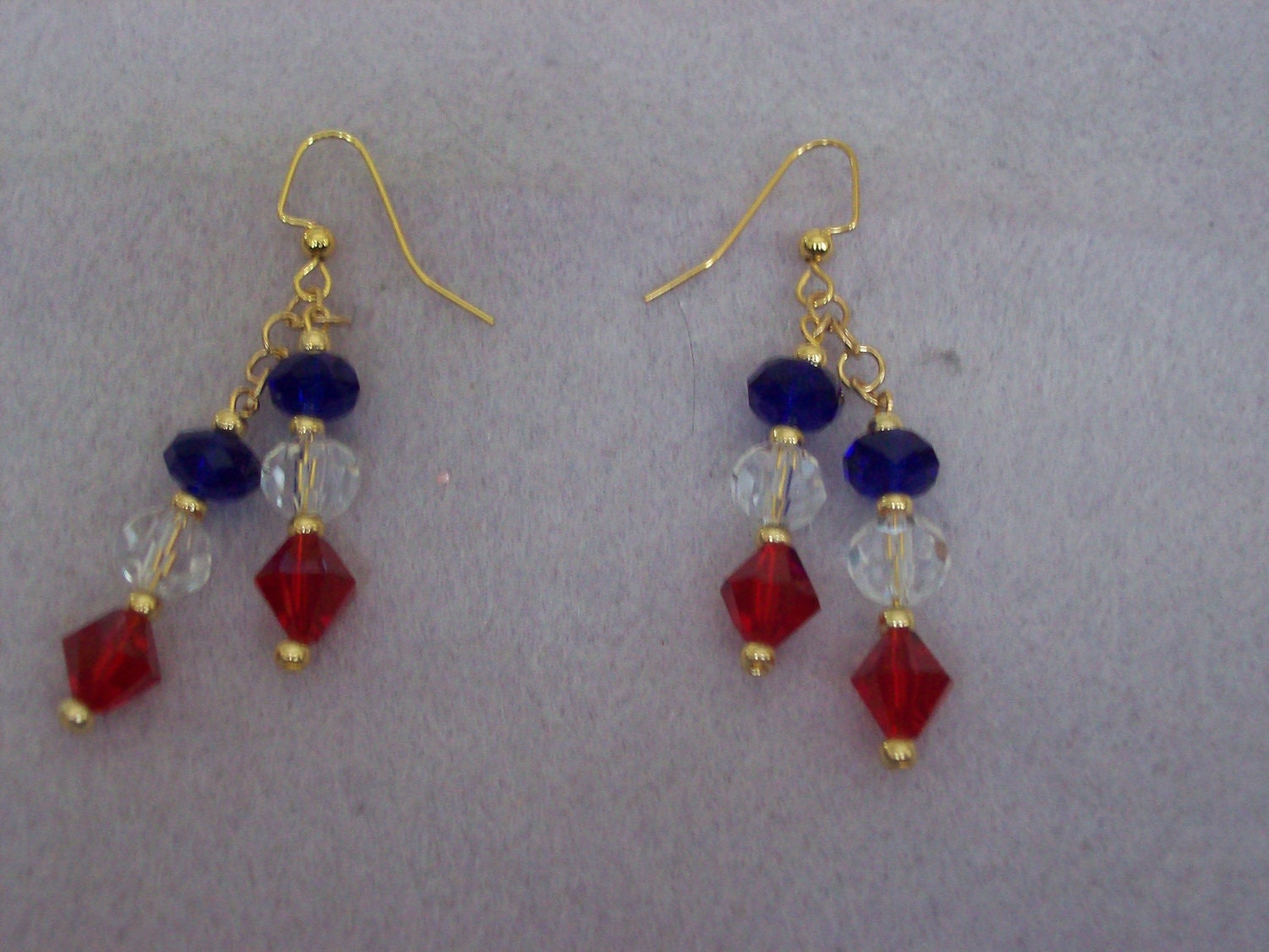 USA Patriotic Summer Dangle Drop Earrings with Red White and Blue Chinese Crystals Gold Tone Seed Beeds and Wire on Gold Plated Ear Wires
