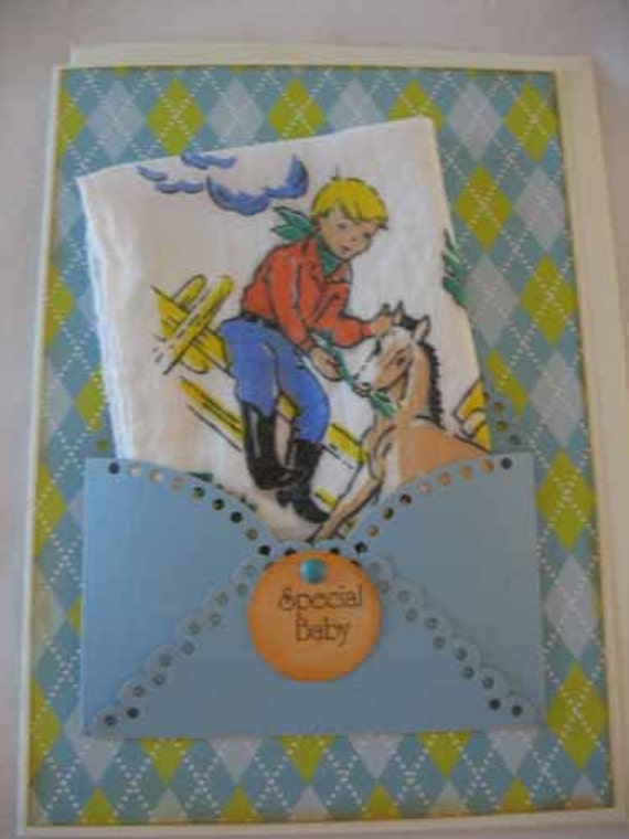 Unique Vintage Handkerchief Cowboy Horse Birthday Shower Baby Congratulations Hanky Greeting Card